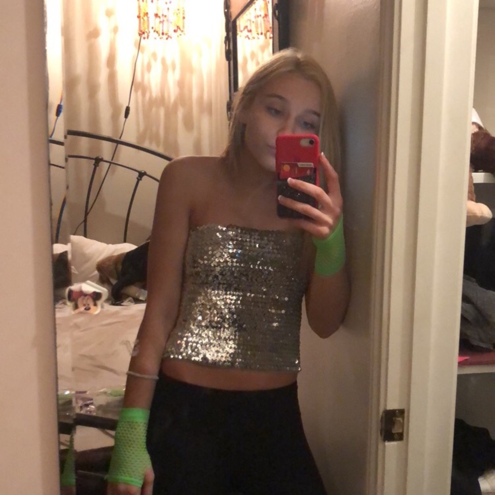 Sequin tube top and pink metallic skirt